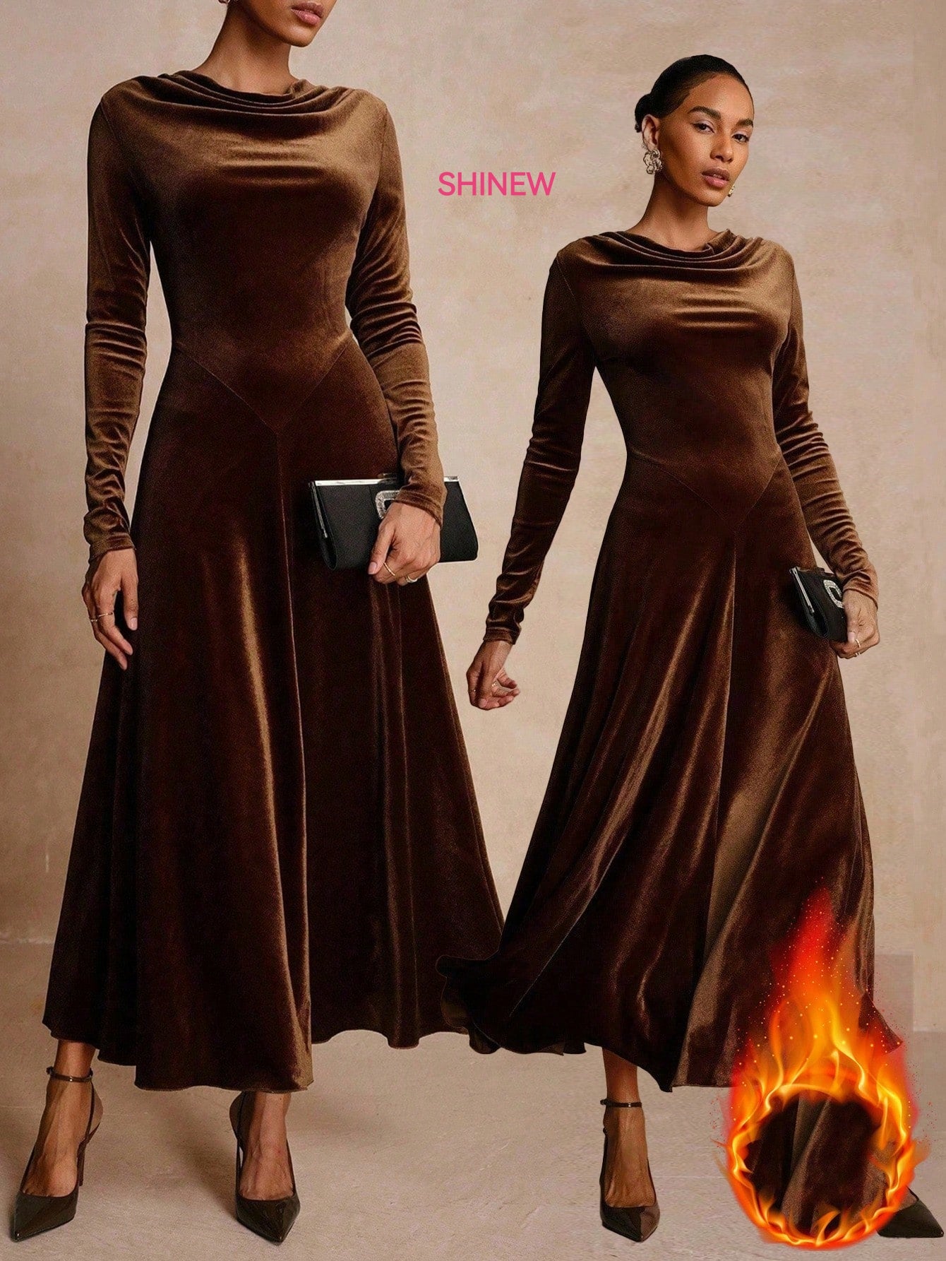 Brown Velvet Long-Sleeve Maxi Dress