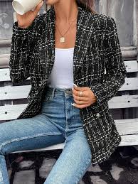 Black Plaid Print Double Breasted Blazer