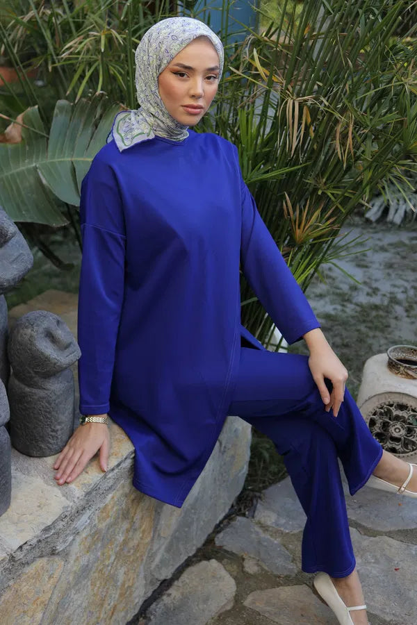 Women's Plain Crew Neck Tunic and Pants Two-Piece Set