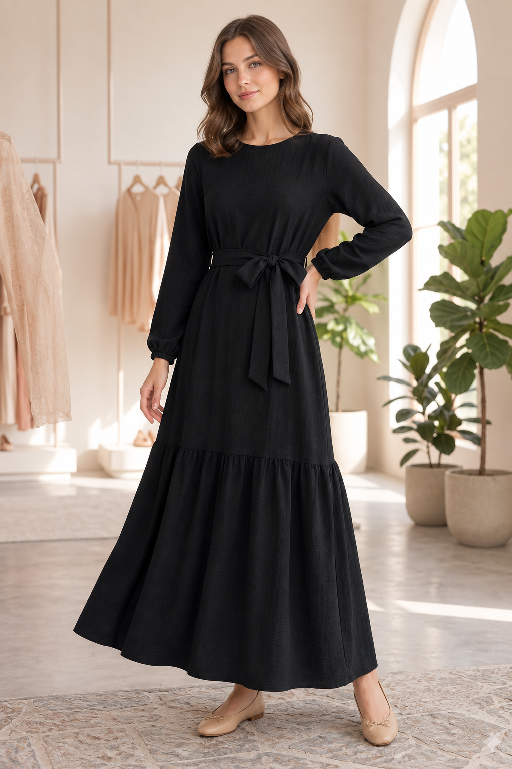 Black maxi dress on a model without a hijab