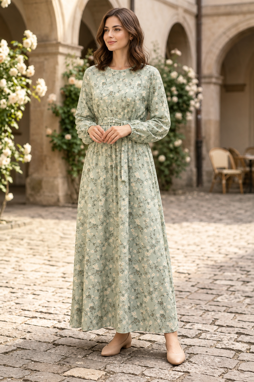 Charming maxi dress on a model without a hijab