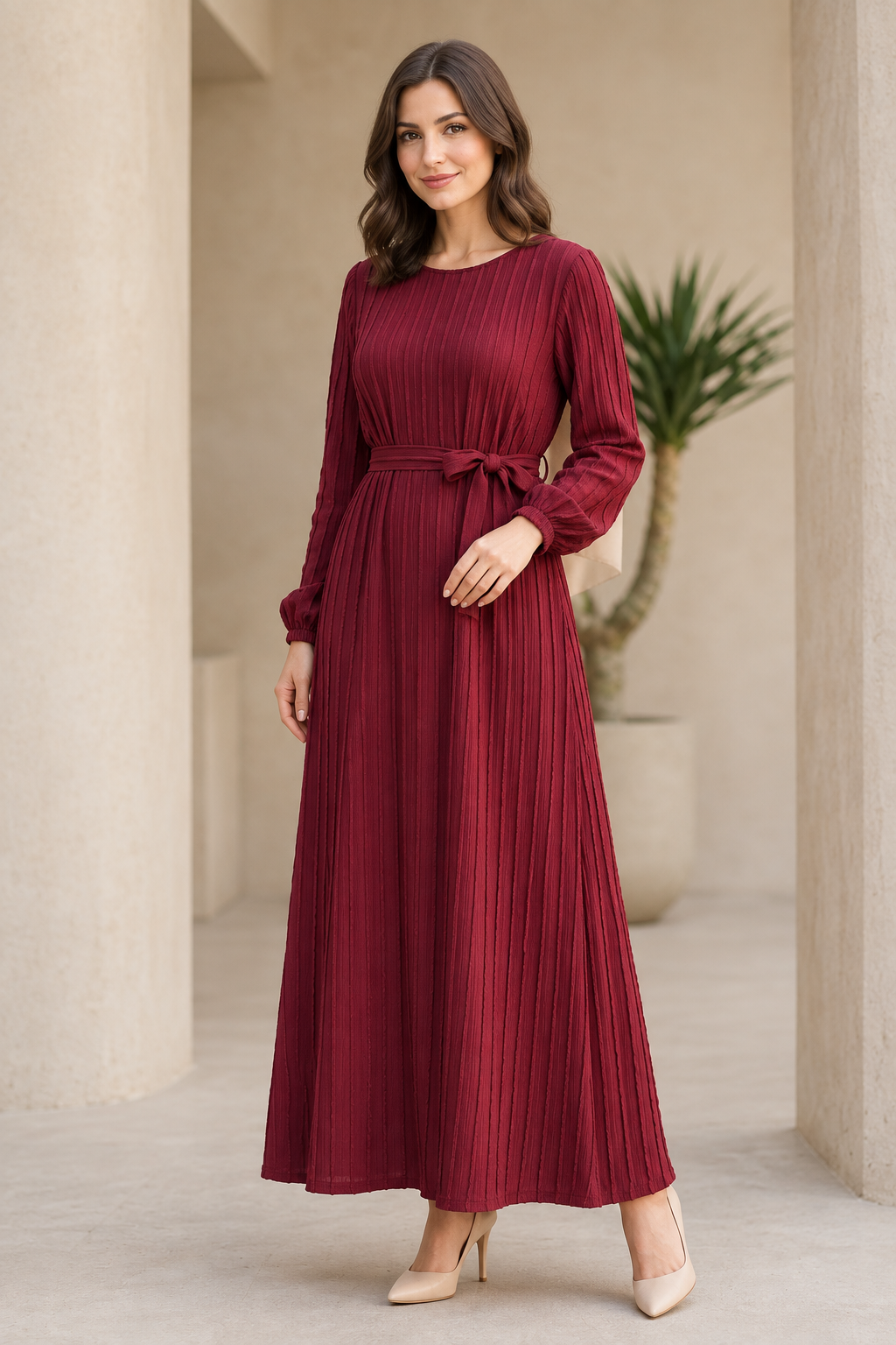 Claret-red maxi dress on a model without a hijab