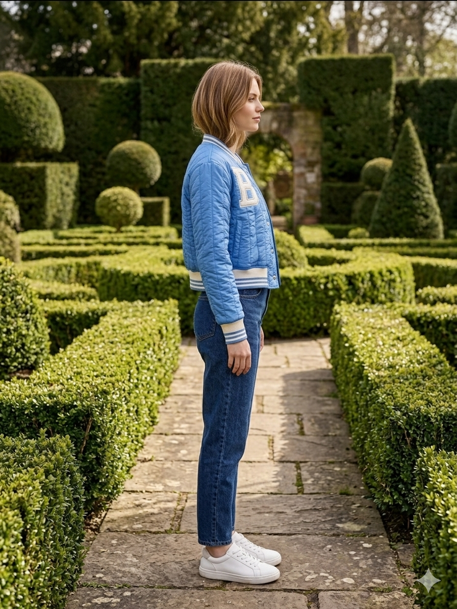 Trendy Light Blue Varsity-Style Jacket