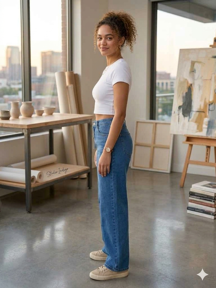 Medium-wash blue jeans