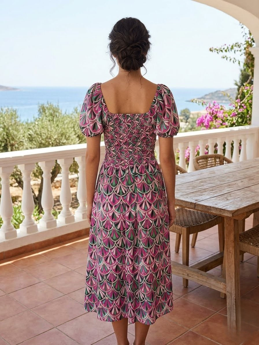 ankle-length midi Art Deco-inspired geometric fan pattern dress