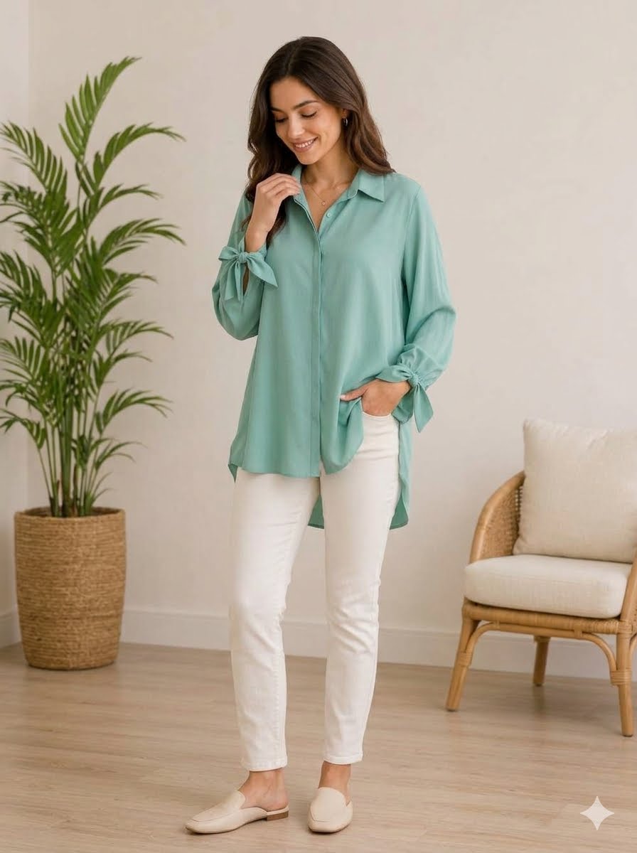 Elegant, light sage-green chemise blouse