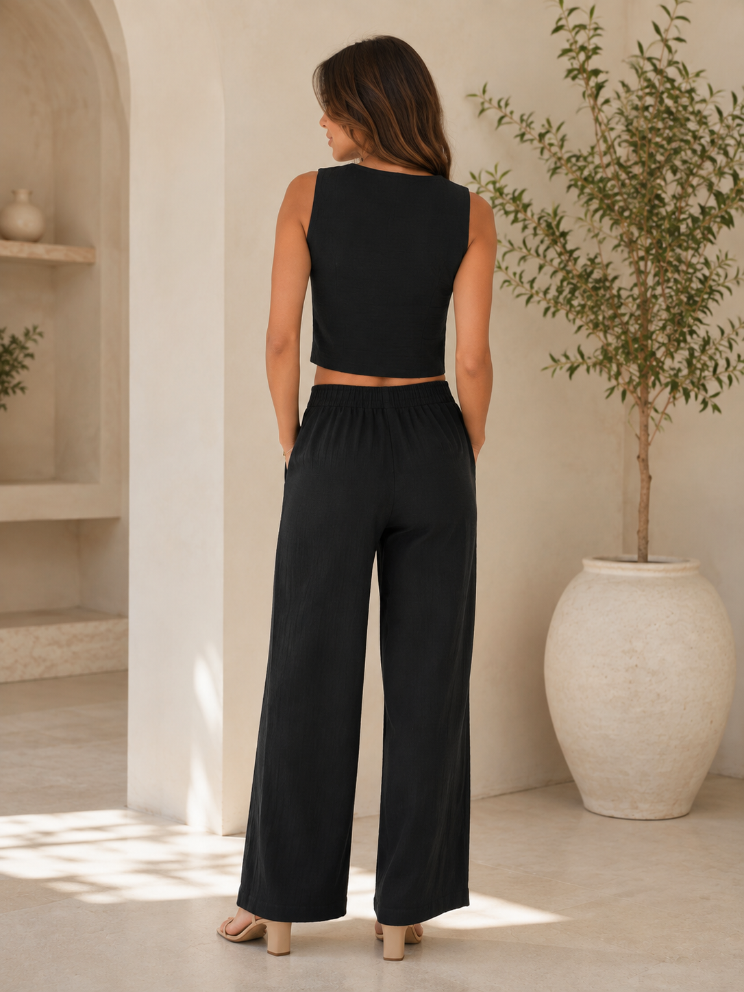 chic, monochromatic two-piece co-ord vest-wide leg set