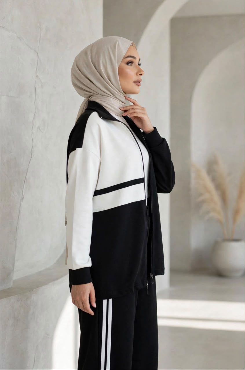 Women's Black & White Two-Piece Tracksuit Set