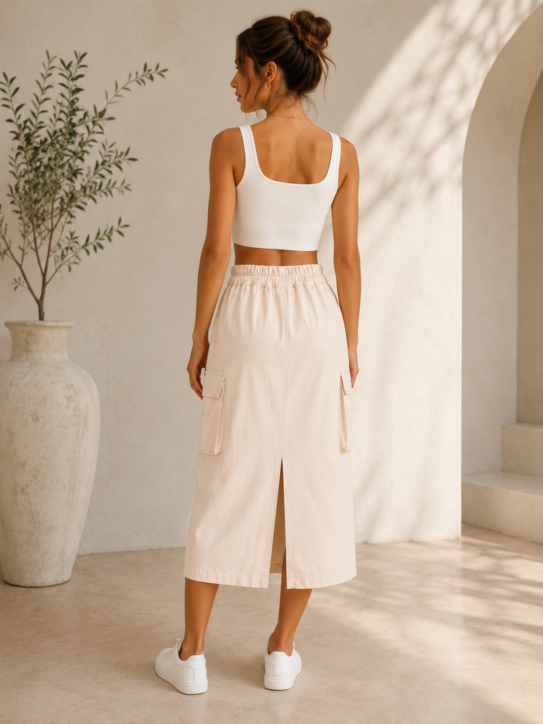 Casual, ankle-length black cargo skirt