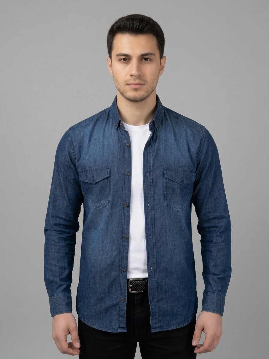 Dark blue denim button-down shirt