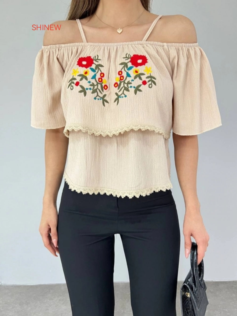 Charming beige off-the-shoulder top