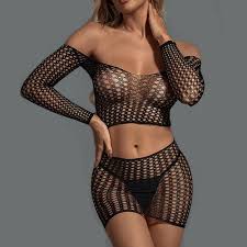 Ultra-sheer, black fishnet crochet design lingerie
