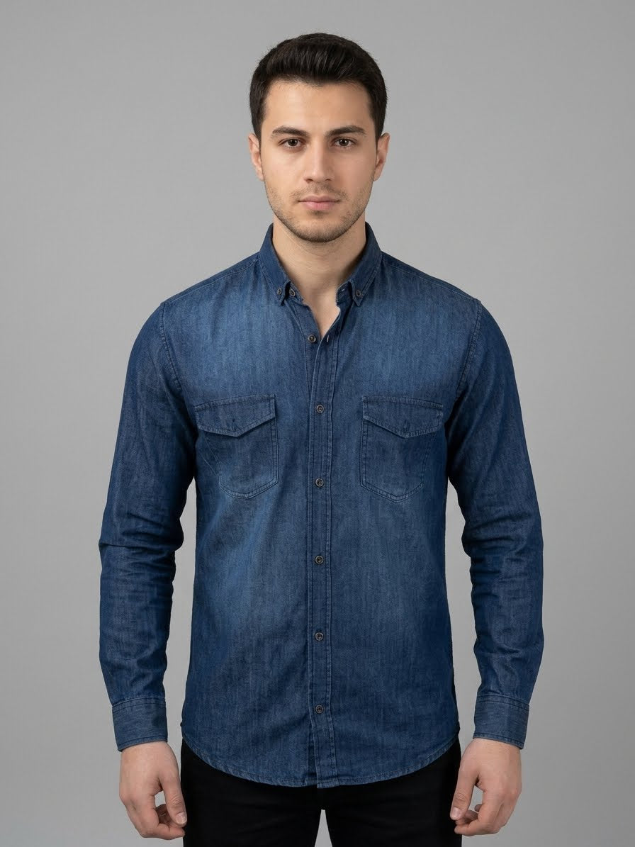 Dark blue denim button-down shirt