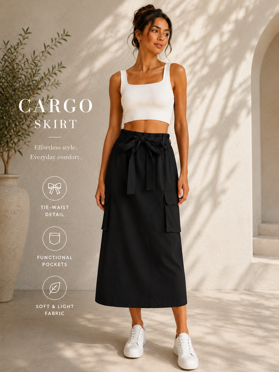 Casual ankle-length cargo skirt in black and beige styled as everyday outfits