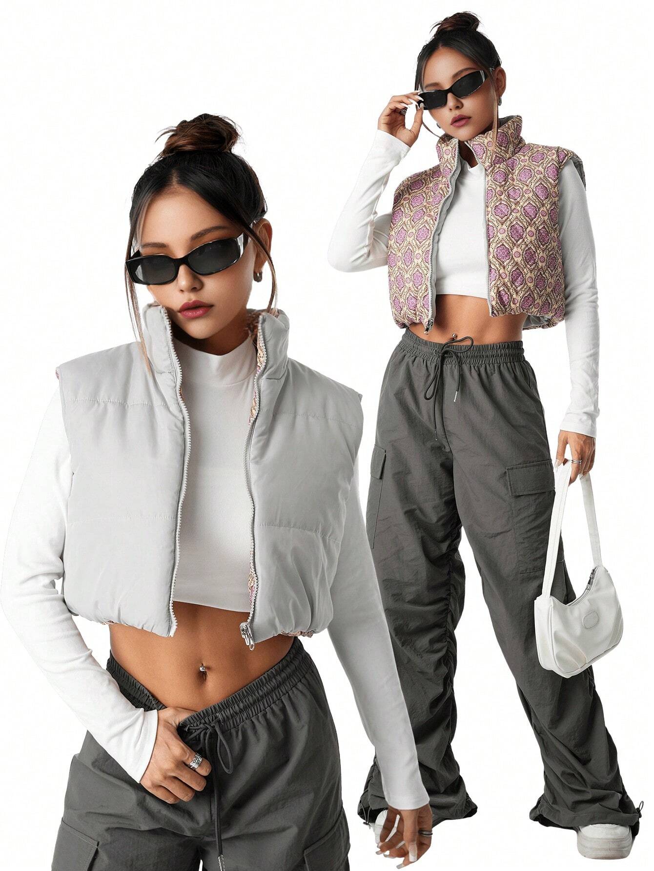 Reversible Cropped Puffer Vest -Double Face