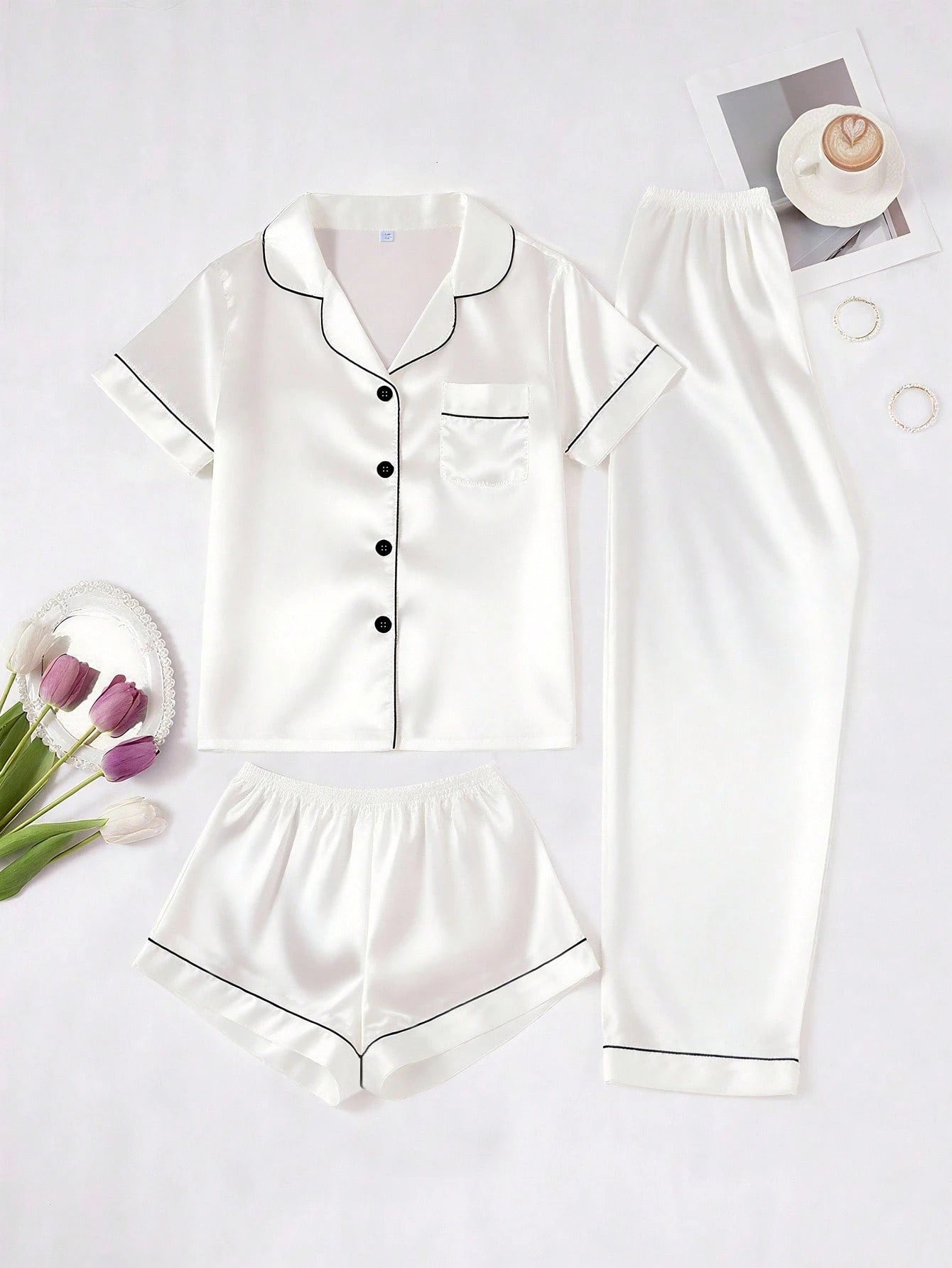 Three-Piece White Satin Pajama Set