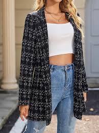 Black Plaid Print Double Breasted Blazer