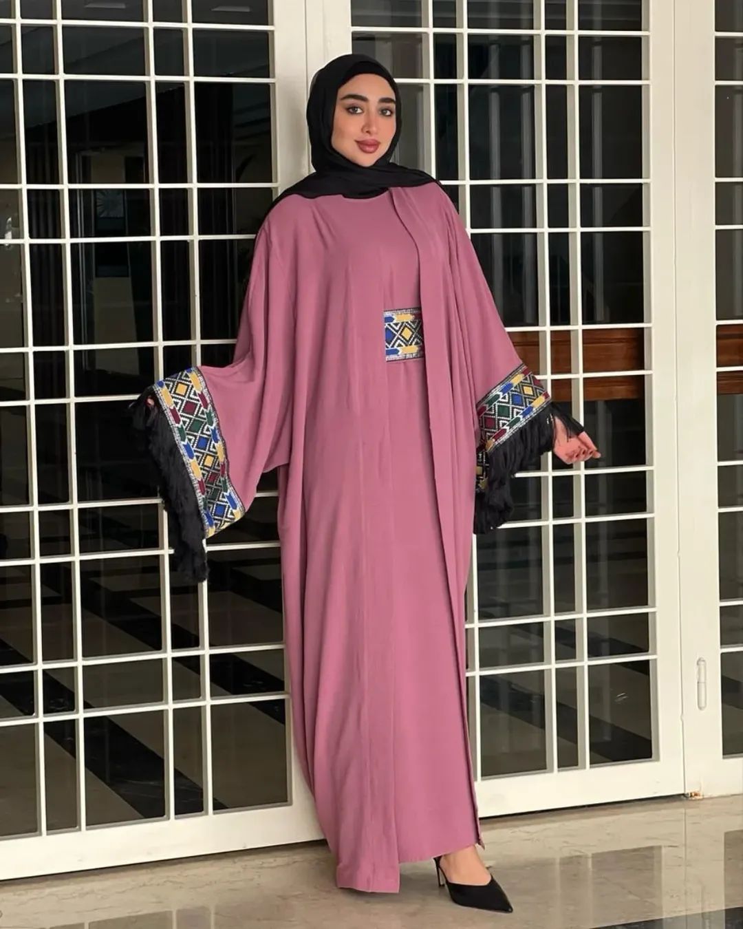 elegant four-piece modest cardigan-dress outfit