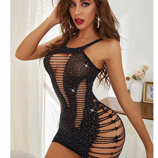 Rhinestone-Studded Fishnet Mini Dress