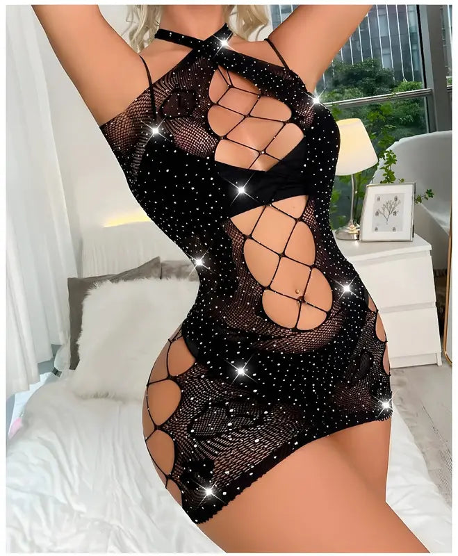 Shimmering Rhinestone Fishnet Mini Dress Lingerie