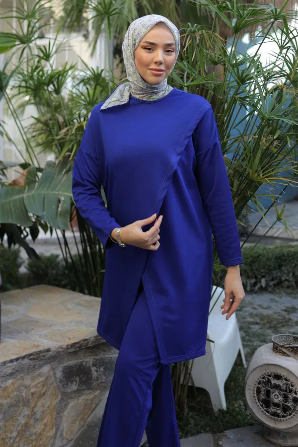 Women's Plain Crew Neck Tunic and Pants Two-Piece Set