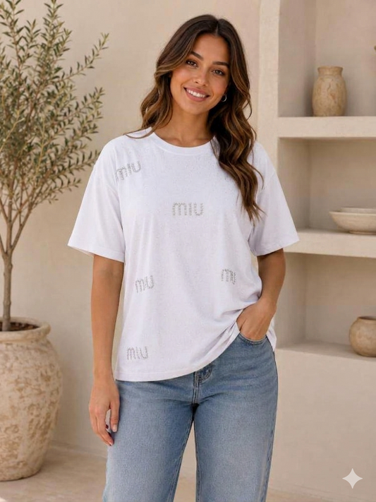 beige crewneck sparkling oversize t-shirt
