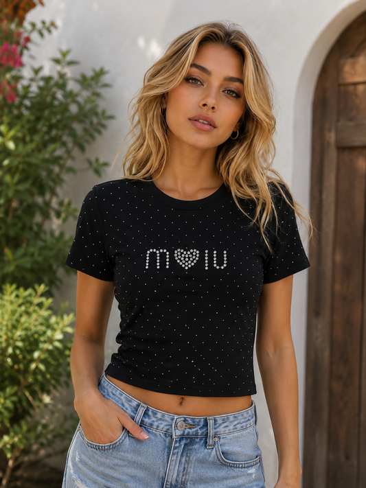 Black crewneck slim fit crop t-shirt