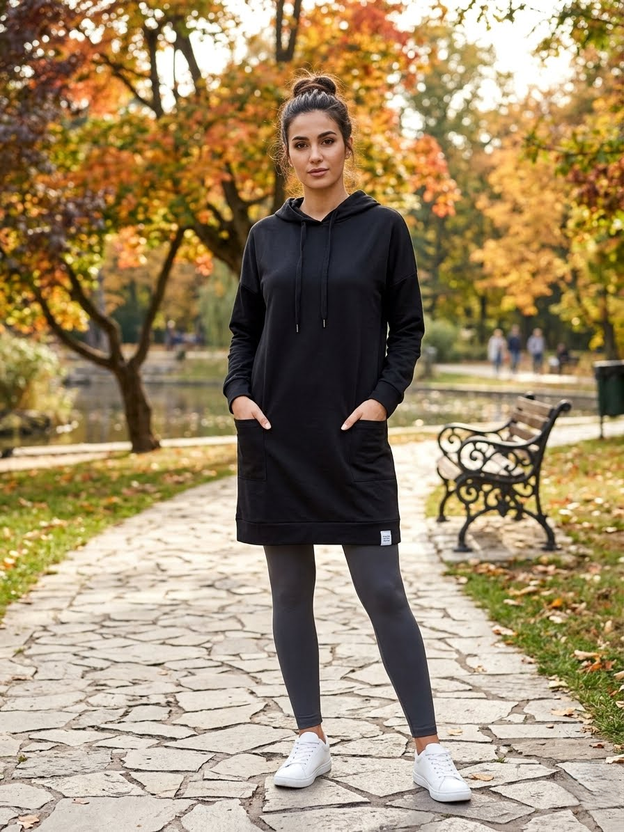 Black long-line hoodie dress