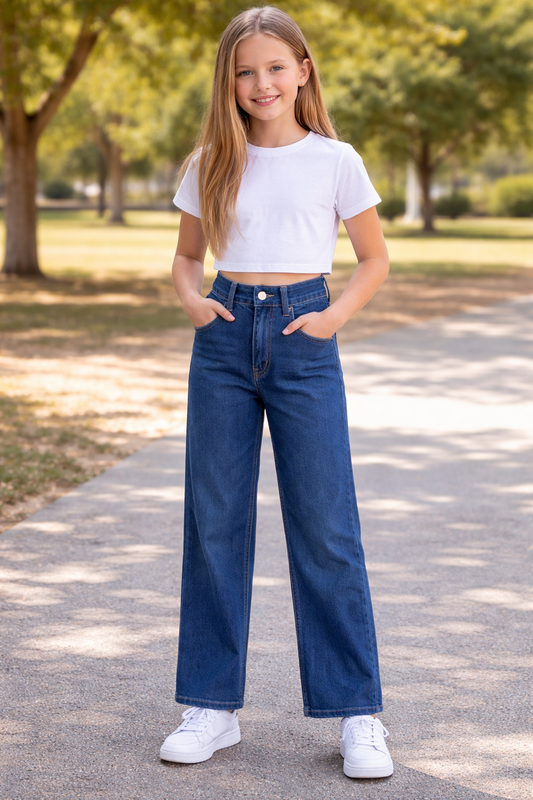High-waisted, wide-leg jeans in a medium-dark indigo wash