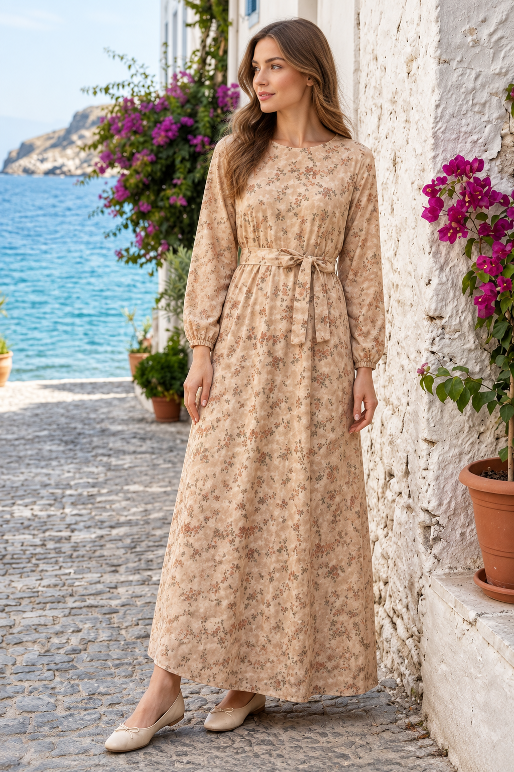 Beige floral maxi dress on a model without a hijab