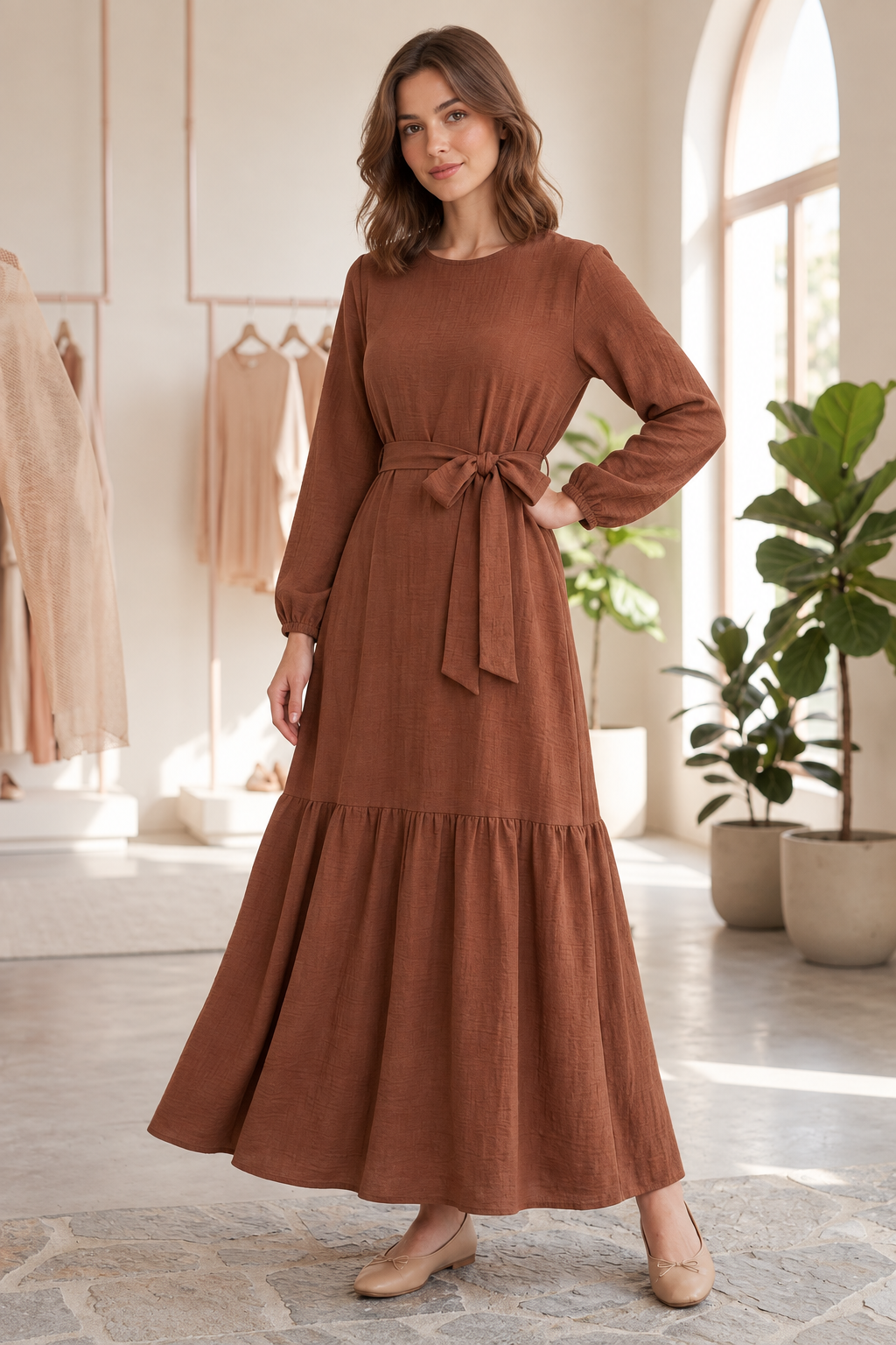 Cinnamon-brown maxi dress on a model without a hijab