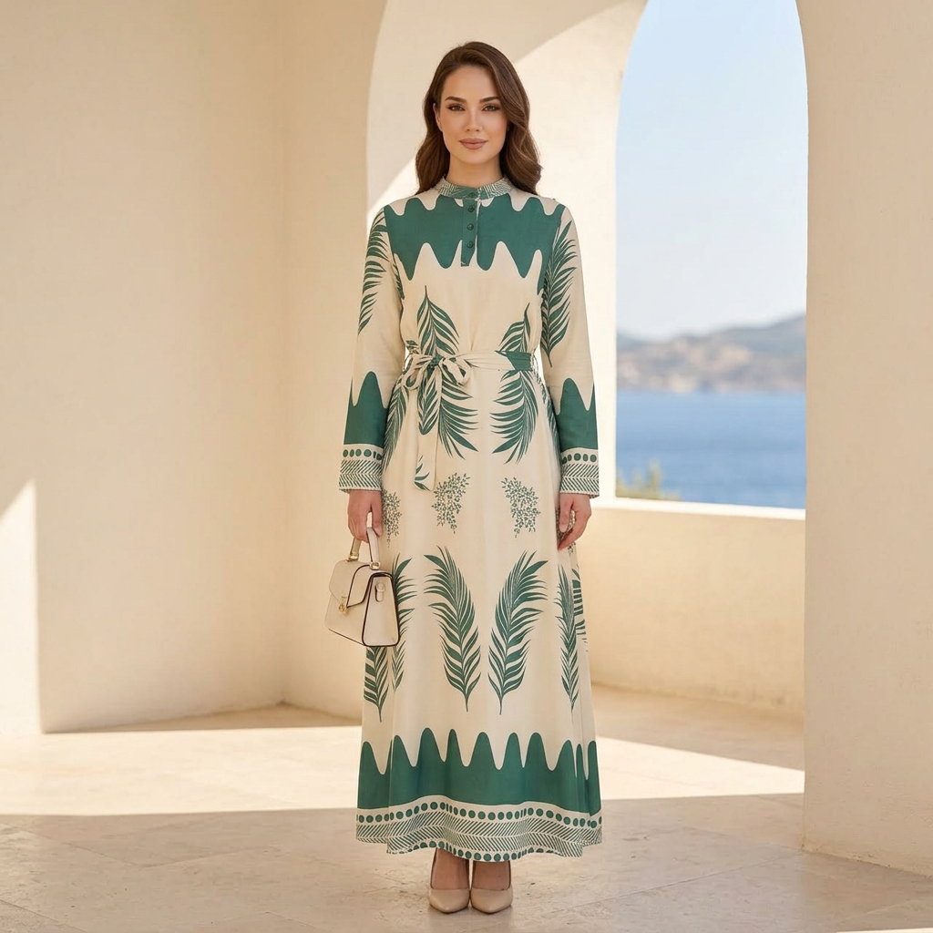 Cream palm-print maxi dress styled with softly waved hair and an ivory handbag