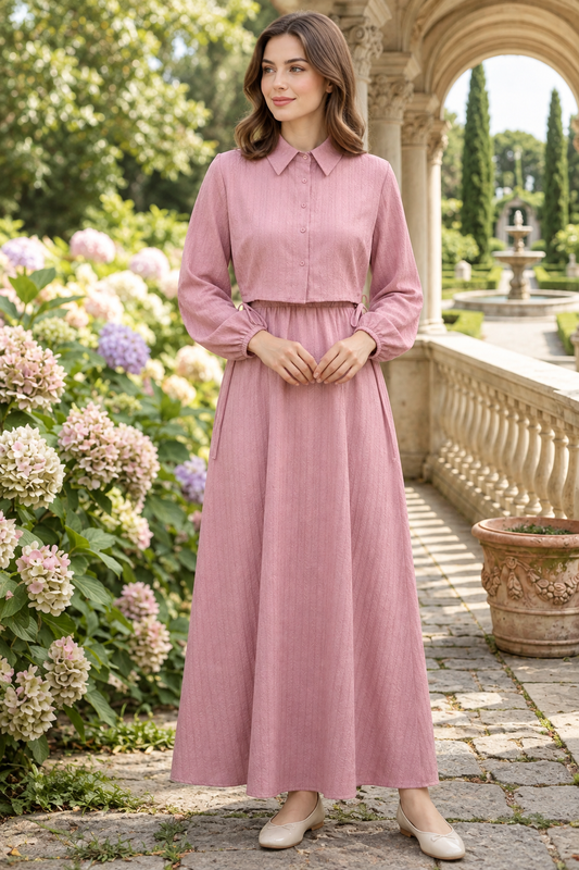 Dusty-rose two-piece set on a model without a hijab