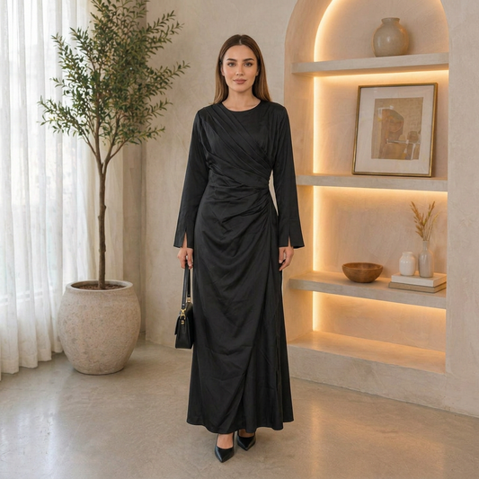 Front view of the black maxi dress on a model without a hijab