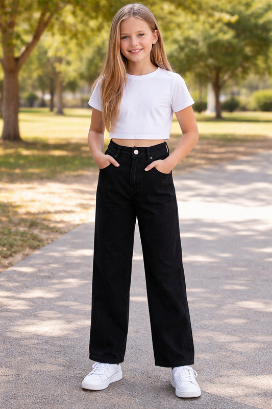 Girls Black High-Waisted wide-leg Jeans