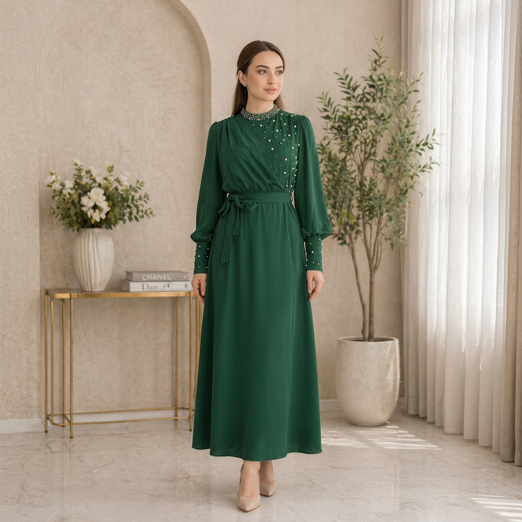 Green maxi dress on a model without a hijab