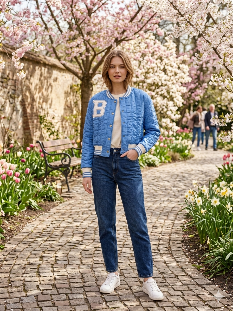 Trendy Light Blue Varsity-Style Jacket