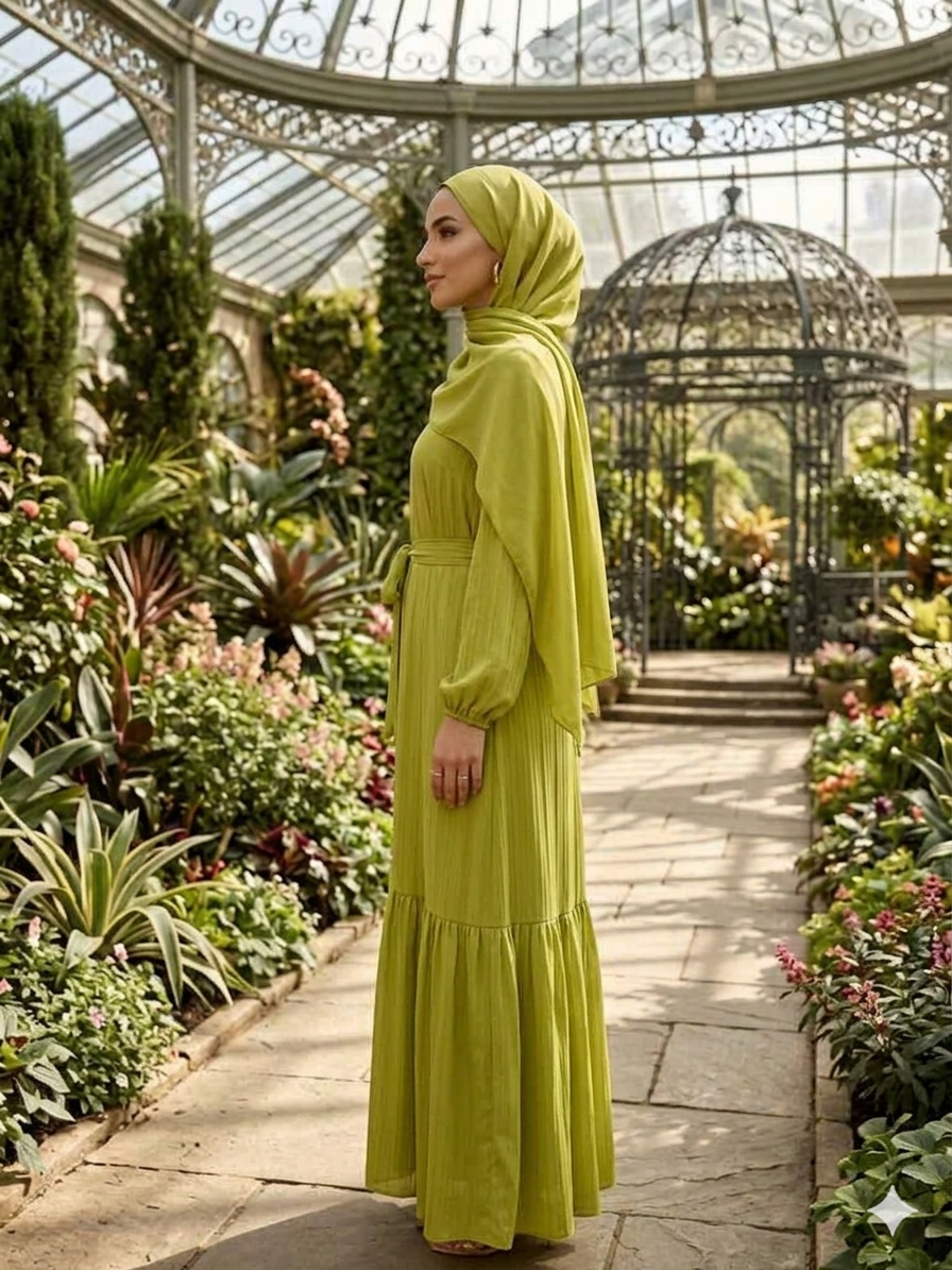 Dress, elegant, lime-green long sleeve maxi dress