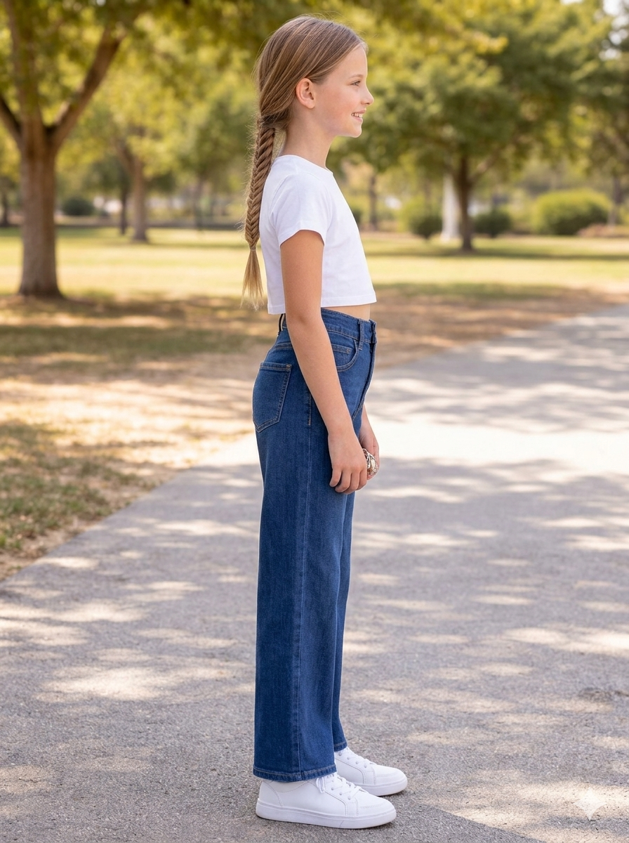 High-waisted, wide-leg jeans in a medium-dark indigo wash