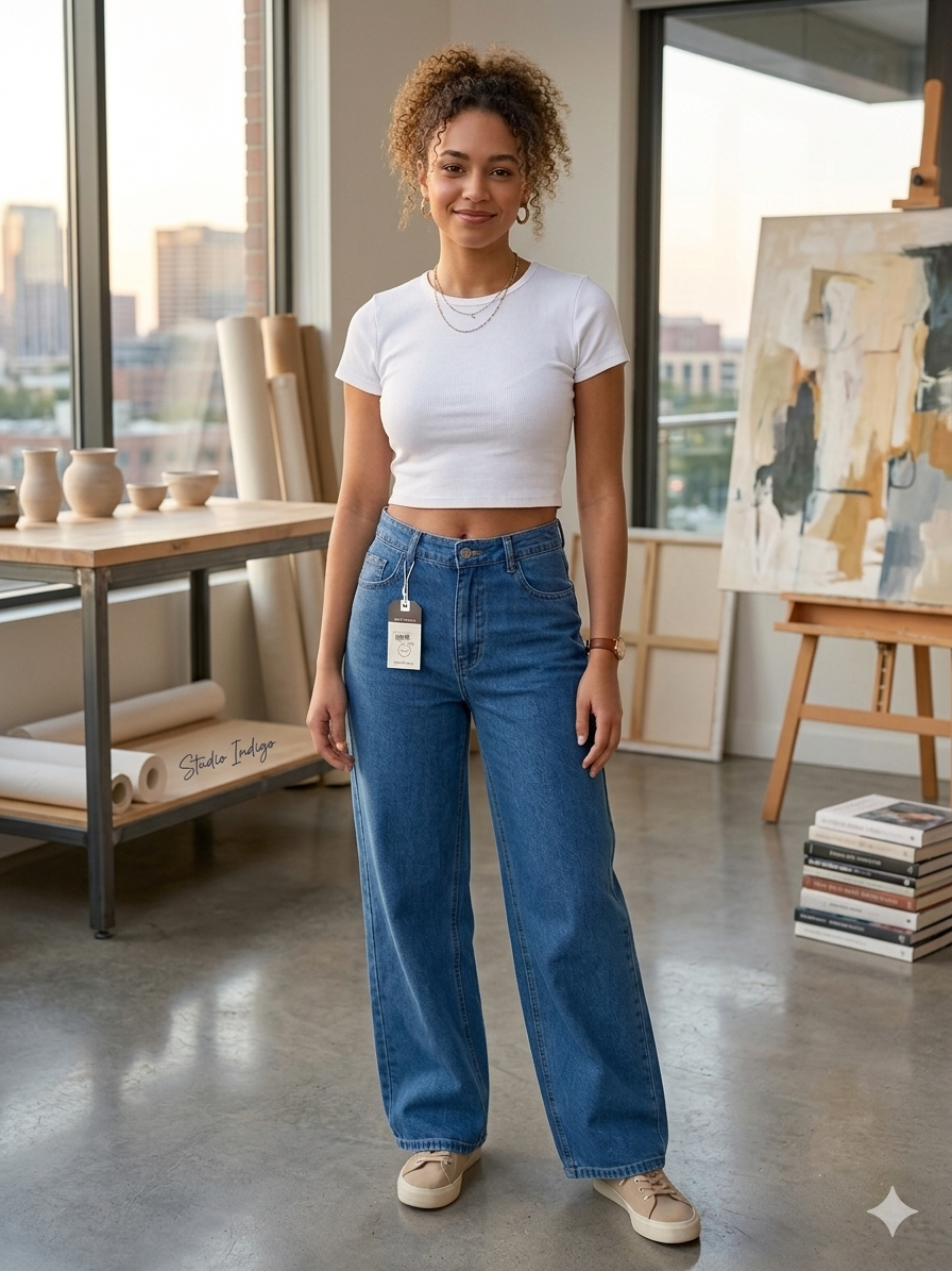 Medium-wash blue jeans
