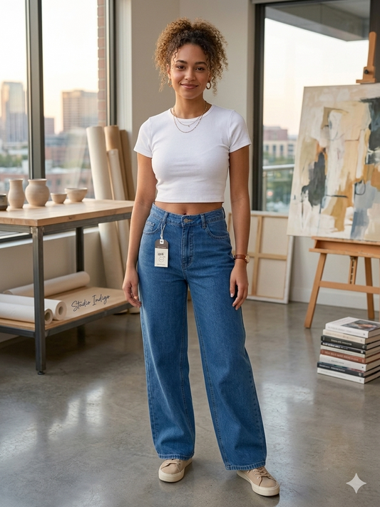 Medium-wash blue jeans