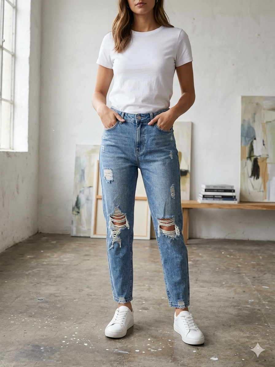 Medium-Wash, High-Waisted Mom Denim Jeans