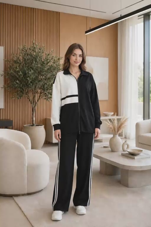 Women's Black & White Two-Piece Tracksuit Set