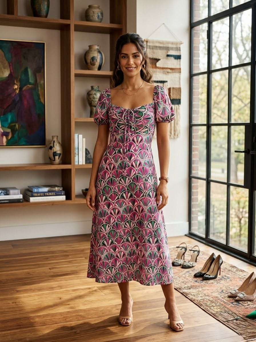 ankle-length midi Art Deco-inspired geometric fan pattern dress