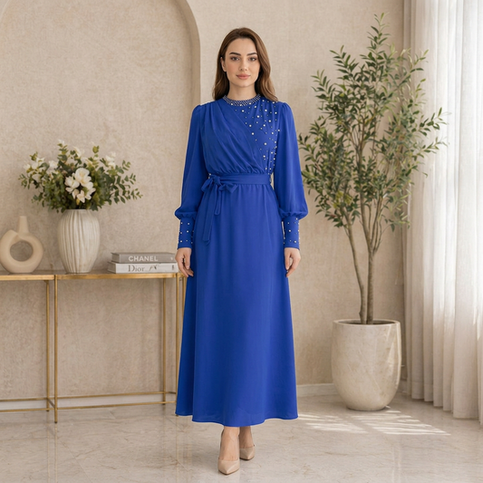 Royal blue maxi dress on a model without a hijab
