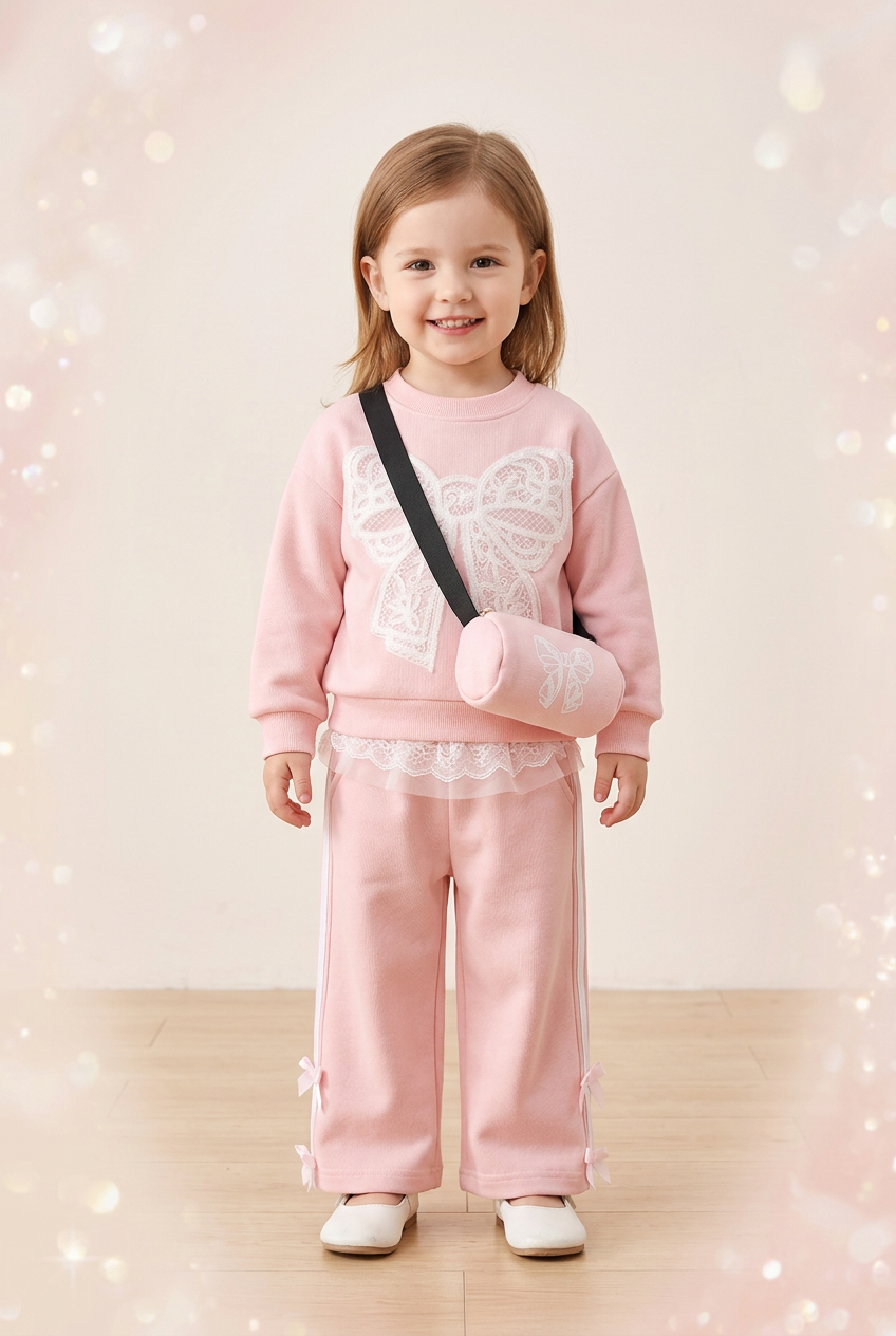 Three-year-old girl wearing the pink lace-bow set