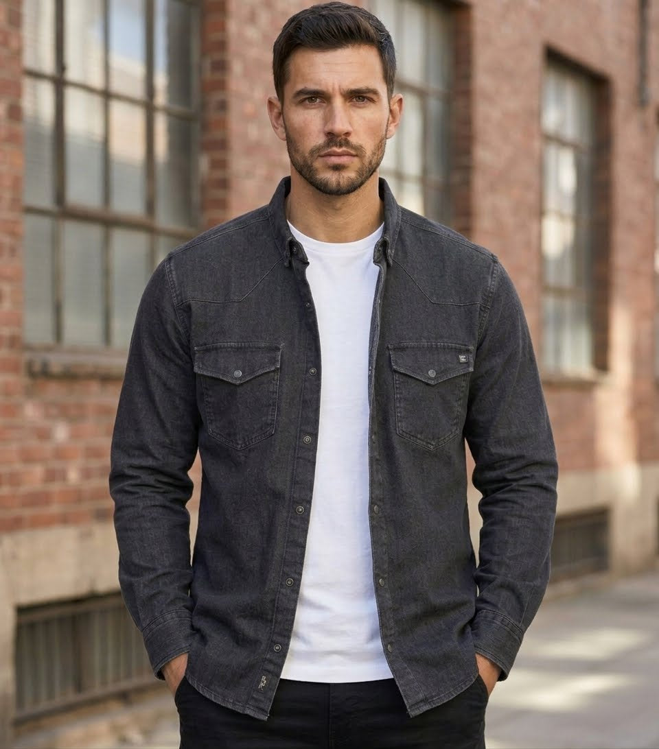 Black denim western-style shirt