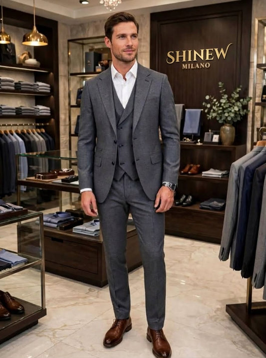 Men’s Textured Grey Three-Piece Suit with Blue Buttons