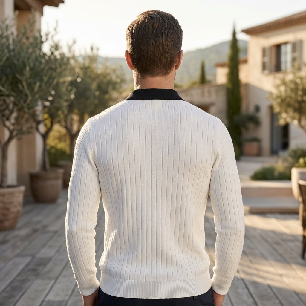 white long-sleeve knit polo sweater