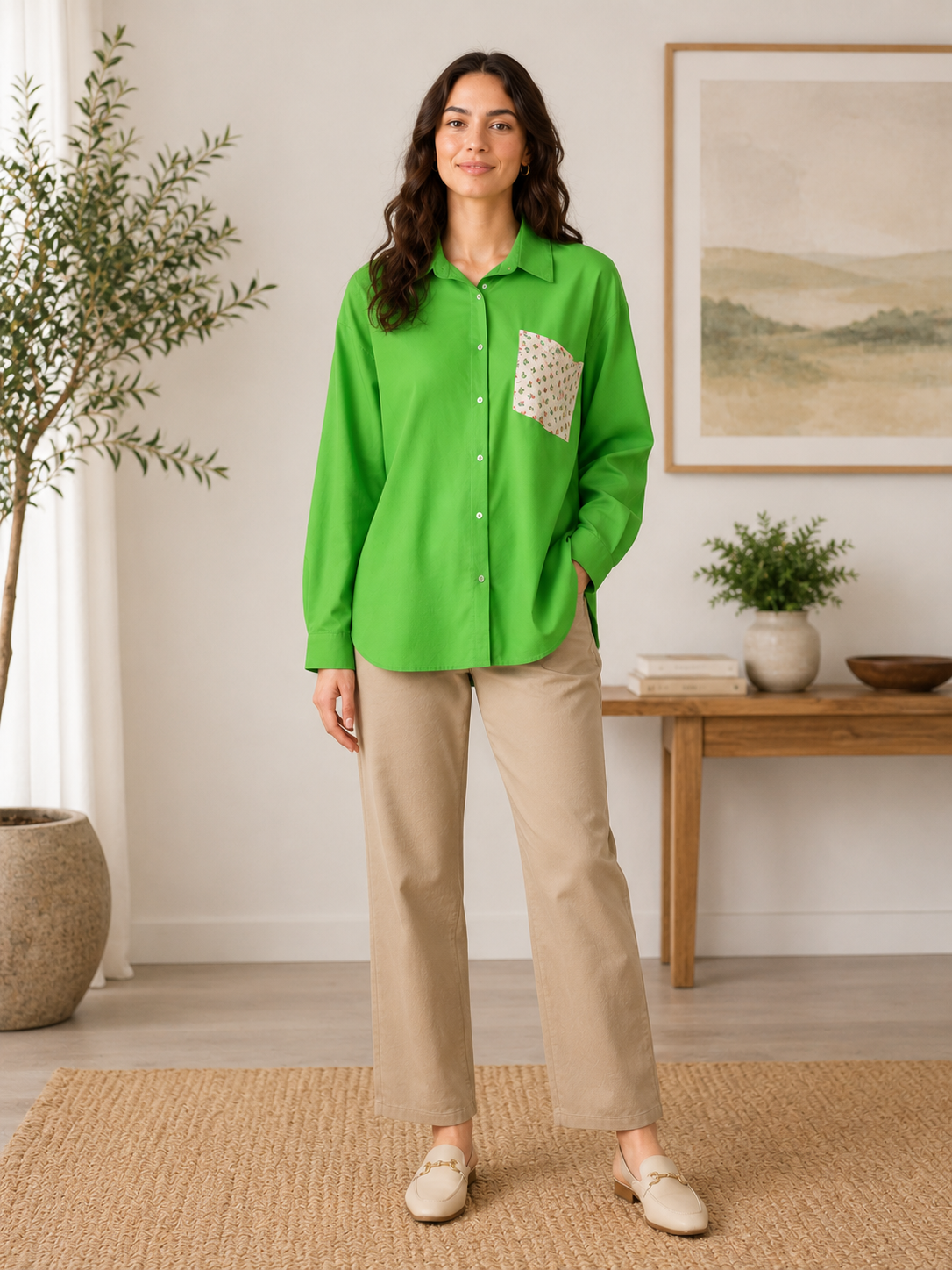 Vibrant, apple-green button-down chemise